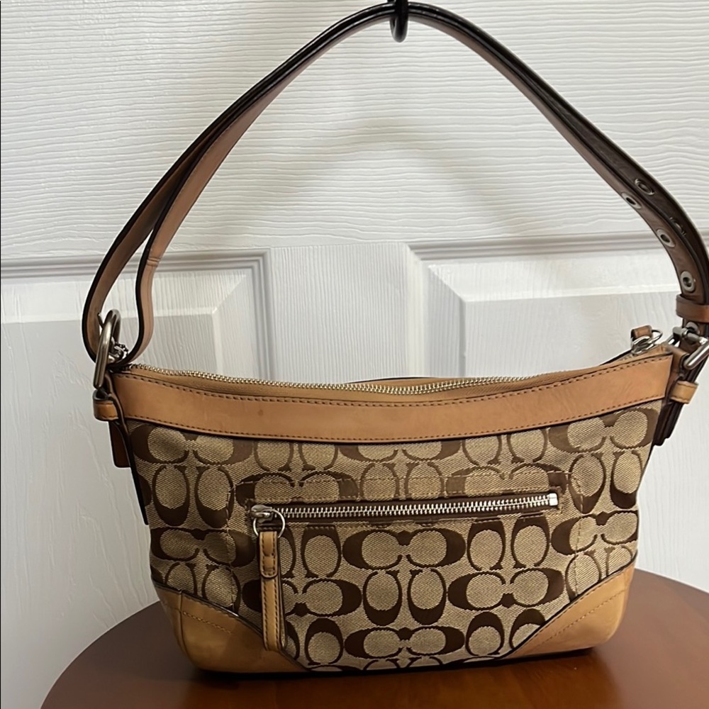 Coach Signature Monogram Shoulder Bag Tan Brown Canvas & Leather - Vintage Y2K